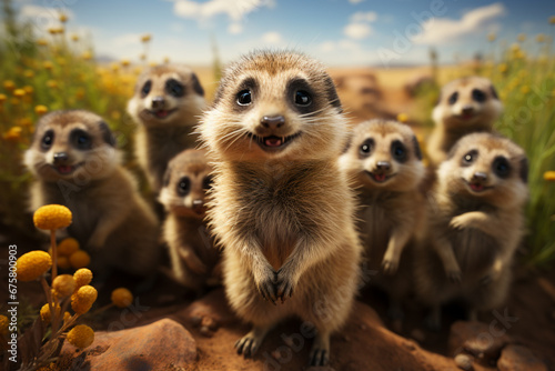 he playful interaction between a group of meerkats, showcasing their social dynamics and vigilant nature. 