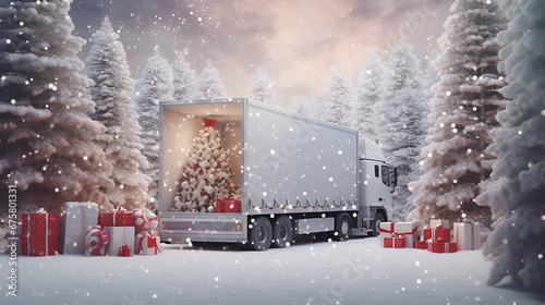 open white cargo truck with christmas trees & gifts inside