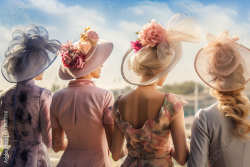 Young pretty women in beautiful dresses wearing fascinators watching horse racing.