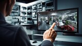 man with radio and screen to check cctv in virtual office, security system concept