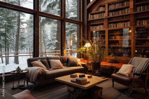 The interior of the winter room with books, wooden furniture and views of the snowy landscape creates a warm atmosphere. © Iryna