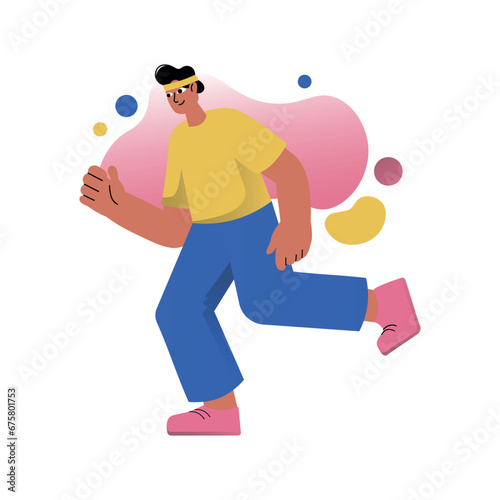 Mental health concept with people scene in the flat cartoon design. The guy is doing his favorite thing - running  it cheers him up. Vector illustration.