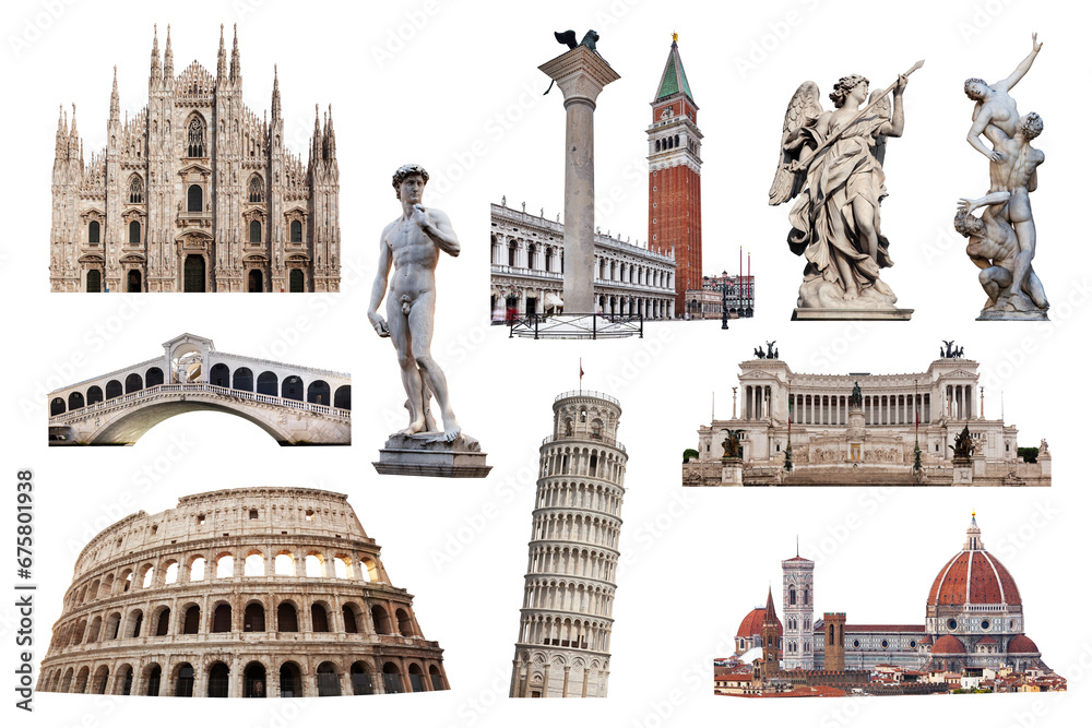 Fototapeta premium Collage of landmarks and symbols of Italy isolated on transparent white. Colosseum, Pisa Leaning tower, Venice Rialto Bridge, Campanile tower, Florence Cathedral, Milan Cathedral and Roman statues