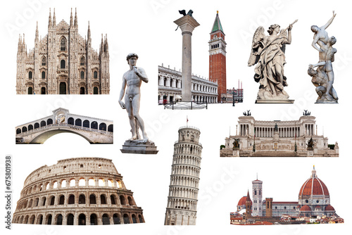 Collage of landmarks and symbols of Italy isolated on transparent white. Colosseum, Pisa Leaning tower, Venice Rialto Bridge, Campanile tower, Florence Cathedral, Milan Cathedral and Roman statues photo