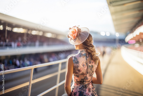 Young pretty woman in beautiful dress wearing fascinator at horse racing track.