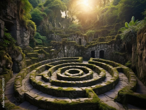 Ancient stone path winding through a mystical, endless labyrinth.