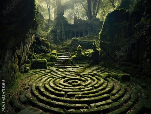 Ancient stone path winding through a mystical  endless labyrinth.