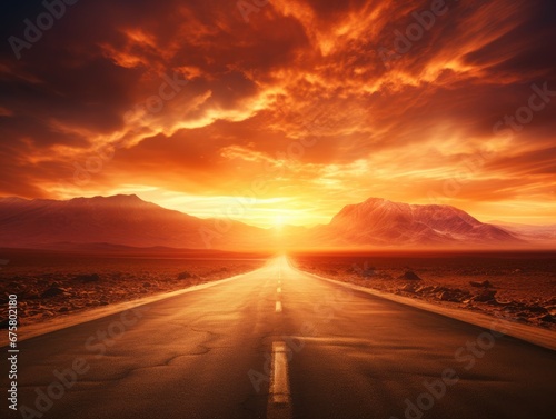 Endless desert highway stretching into the horizon under a blazing sun.