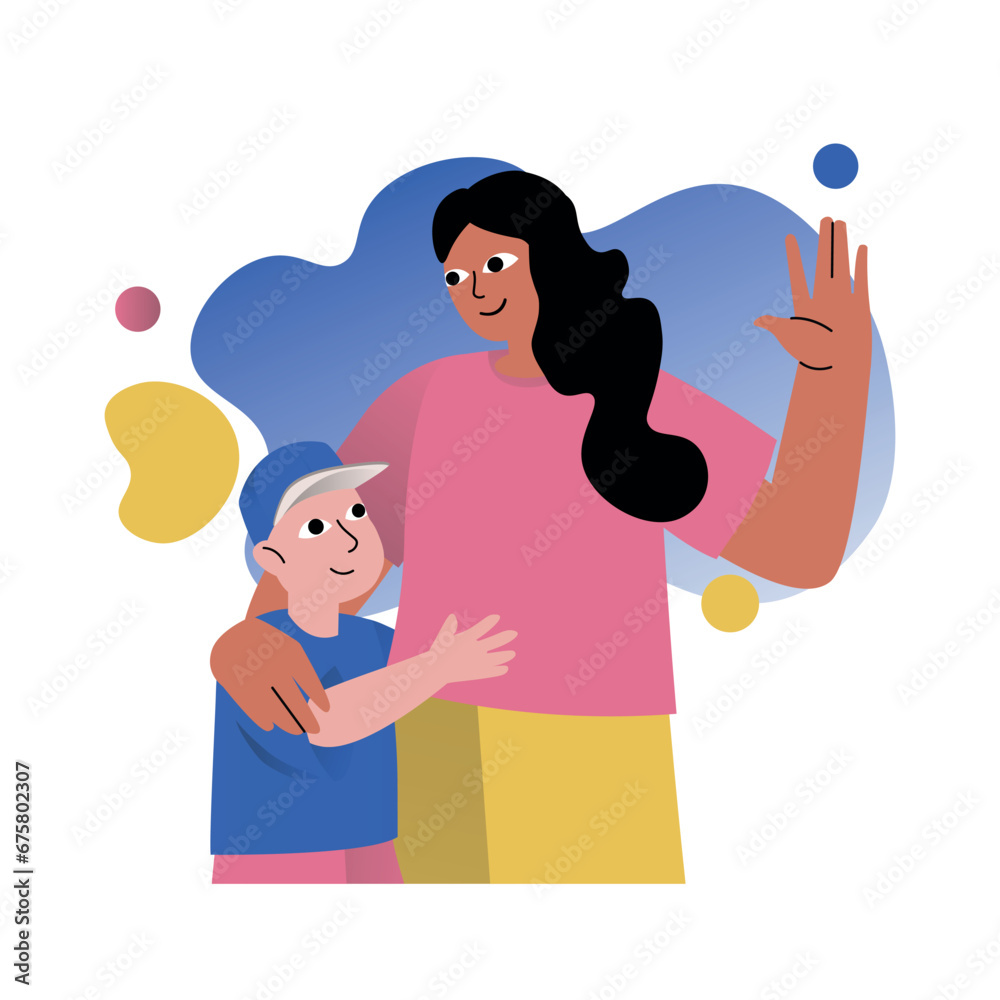 Mental health concept with people scene in the flat cartoon design. A young mother shows love for her son and thus shapes his psychological state. Vector illustration. Mental health concept with people scene in the flat cartoon design. A young mother shows love for her son and thus shapes his psychological state. Vector illustration.