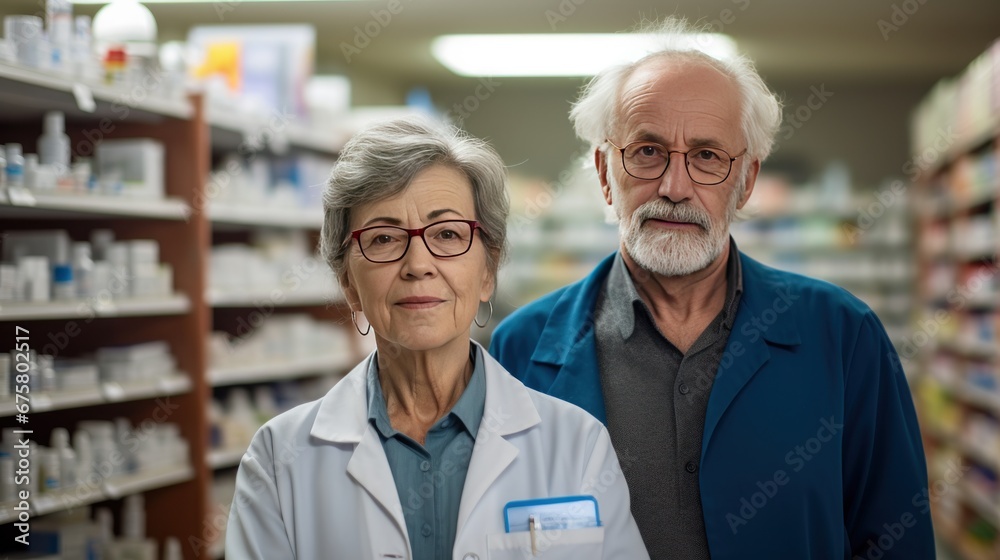 Senior pharmacist and tablet portrait with medical work, pharmacist in pharmacy Senior pharmacist and tablet portrait with medical work, pharmacist in pharmacy