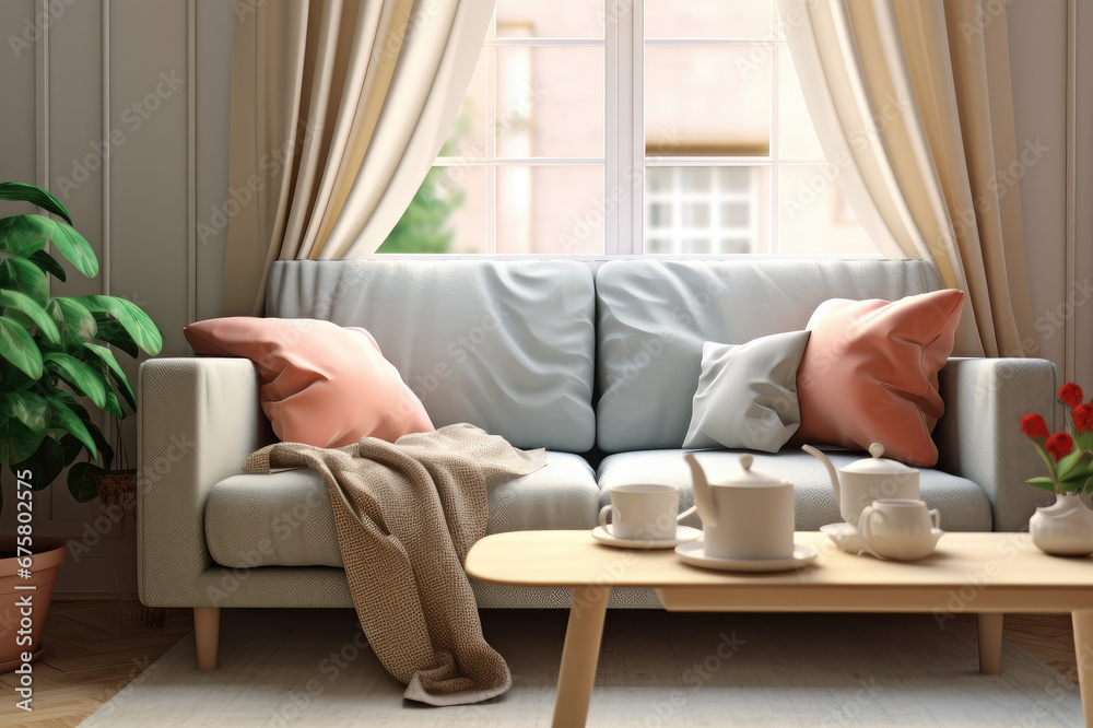 Clean and tidy modern style living room design, sofa in front of the window Clean and tidy modern style living room design, sofa in front of the window
