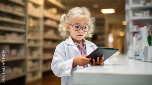 Cute girl wearing a pharmacist's uniform in a pharmacy, portrait with medical work and digital research,