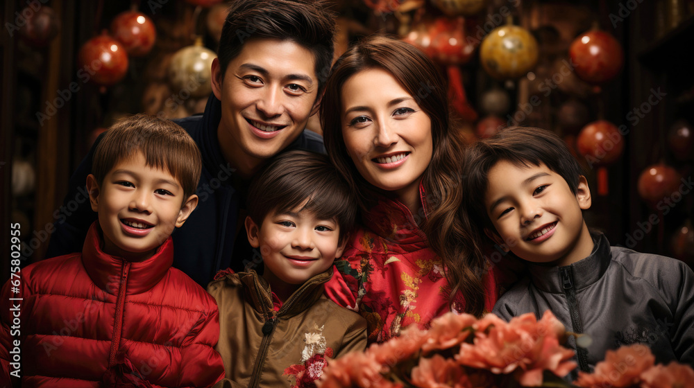 happy smiling Chinese family wearing red traditional clothing for Chinese new year
