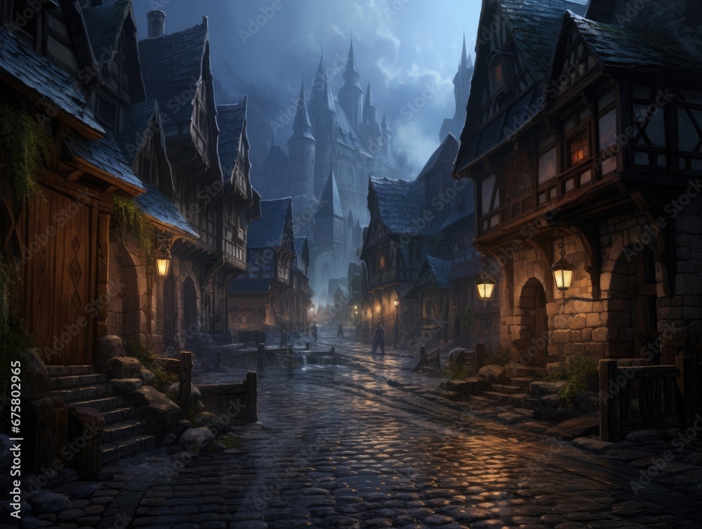 A rustic, cobblestone road winding endlessly through an old European town.