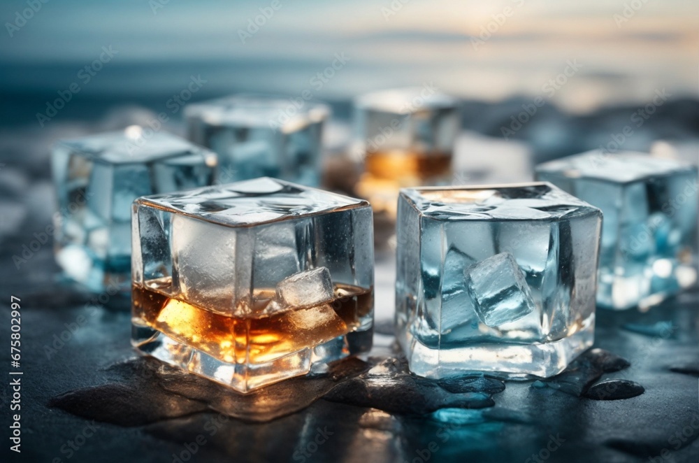 Ice cubes on frozen lake with blue sky and white clouds in background
