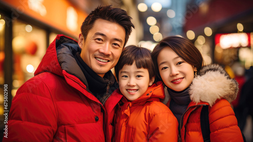 happy smiling Chinese family wearing red traditional clothing for Chinese new year in the street