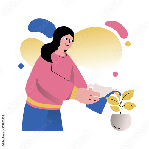 Mental health concept with people scene in the flat cartoon design. The woman is taking a break from work and decided to devote her time to plant care. Vector illustration.