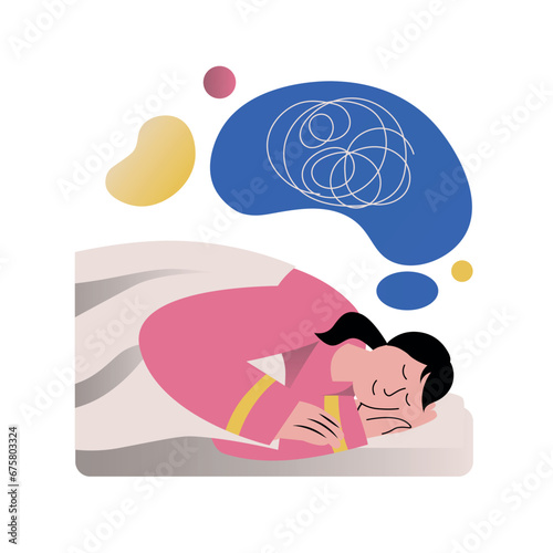 Mental health concept with people scene in the flat cartoon design. The girl is resting from unnecessary thoughts in her head. Vector illustration.