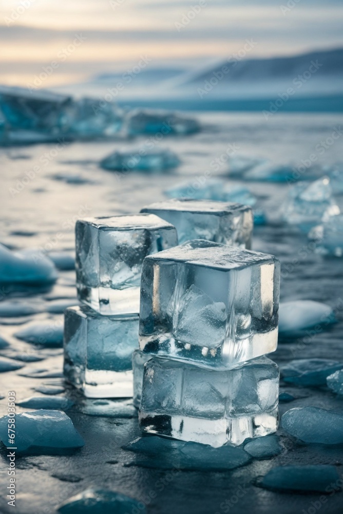 Ice cubes on frozen lake with blue sky and white clouds in background Ice cubes on frozen lake with blue sky and white clouds in background