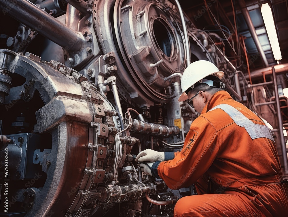 Fototapeta premium A worker in protective gear conducting routine maintenance on a massive piece of refinery machinery