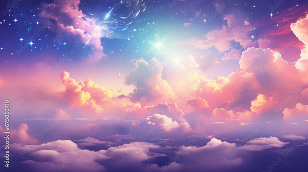 Fantasy cloudscape with stars and nebula. Colorful clouds sky background