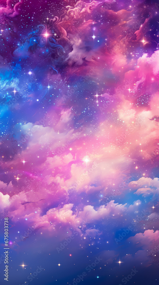 Naklejka premium Fantasy cloudscape with stars and nebula. Colorful clouds sky background