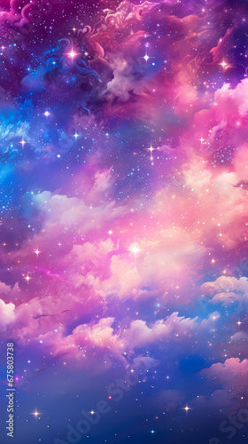Fantasy cloudscape with stars and nebula. Colorful clouds sky background