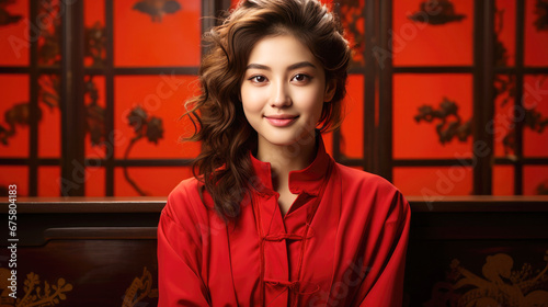 happy smiling vogue Chinese girl wearing red traditional clothing for Chinese new year