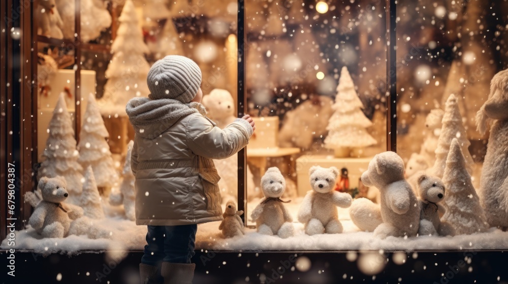 Toy-filled window draws attention of curious child in snow. Childhood enchantment with holidays. Toy-filled window draws attention of curious child in snow. Childhood enchantment with holidays.