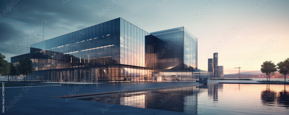 Sleek Office Elegance: 3D Render of Large Glass Facade Building Sleek Office Elegance: 3D Render of Large Glass Facade Building