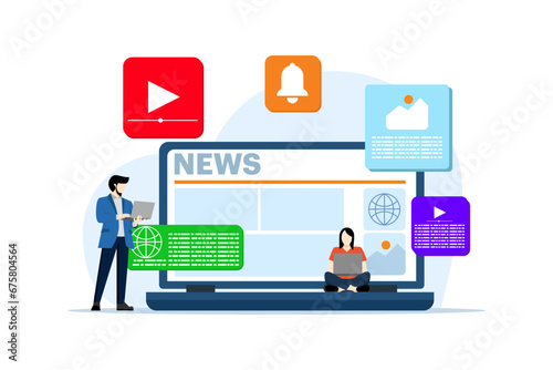 Online news mobile app concept, online news articles, news web page, online mass media on laptop screen, Internet bulletin. flat vector illustration on white background.