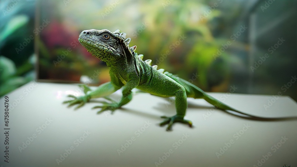 Fototapeta premium AI generated illustration of an iguana on white table