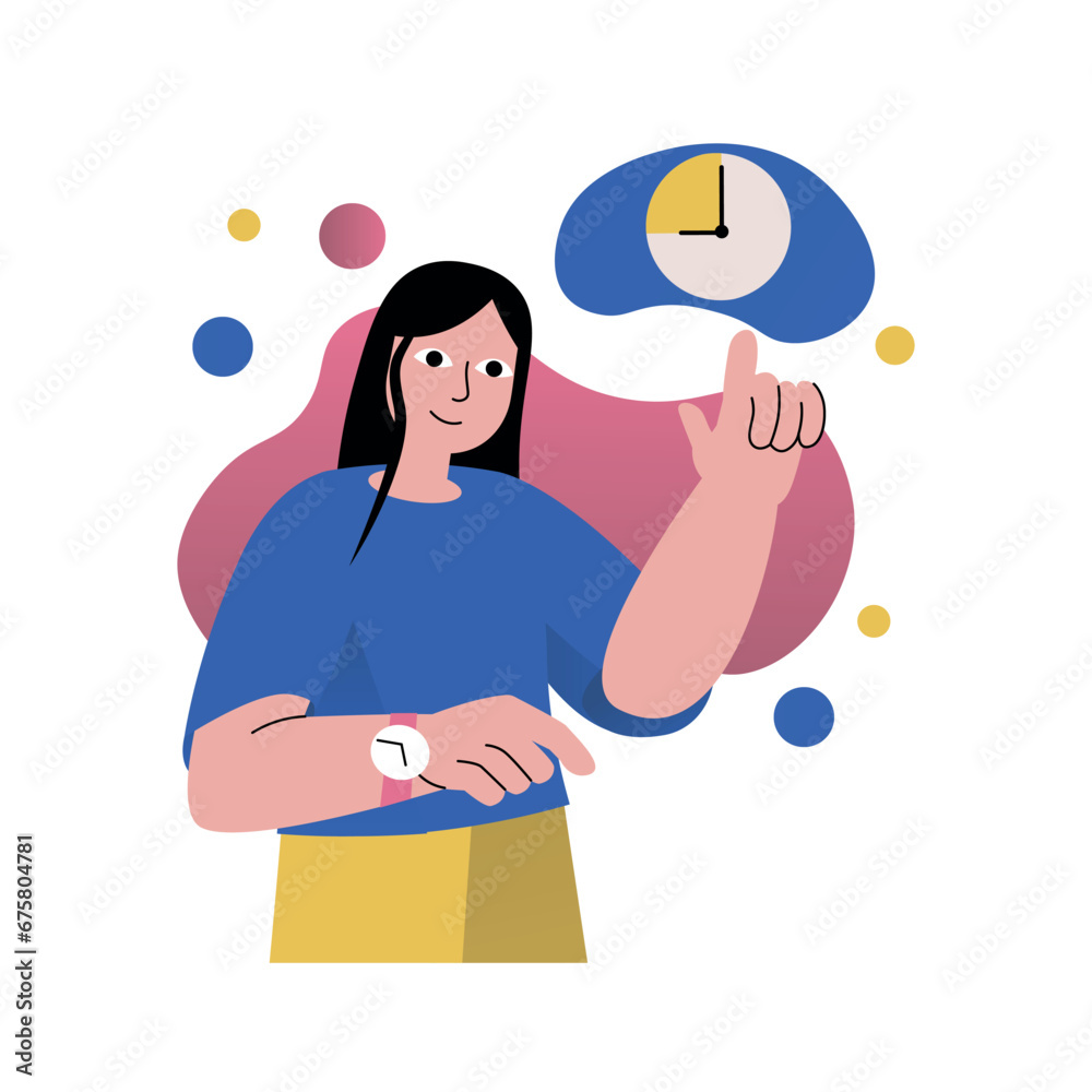 Mental health concept with people scene in the flat cartoon design. The girl has good time management and therefore finds time for herself. Vector illustration. Mental health concept with people scene in the flat cartoon design. The girl has good time management and therefore finds time for herself. Vector illustration.