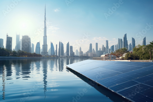 Photovoltaic power generation and modern large cities in the distance