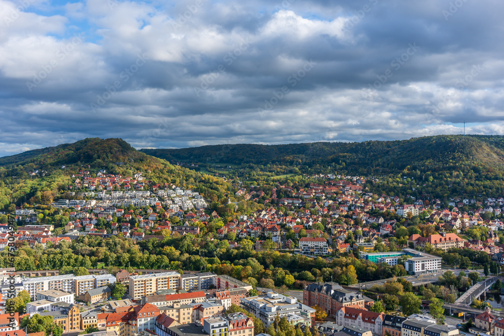 Beautiful view at Jena in Thuringia on an autumnal October day, view from the JenTower