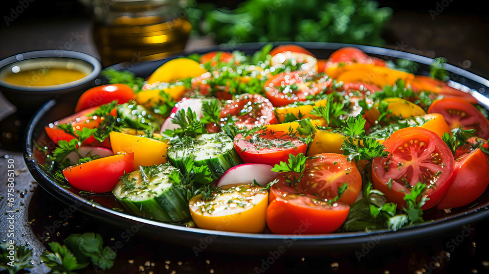 Greek salad with feta cheese, cherry tomatoes and herbs on a black background. Healthy food concept. Generative AI technology. Greek salad with feta cheese, cherry tomatoes and herbs on a black background. Healthy food concept. Generative AI technology.