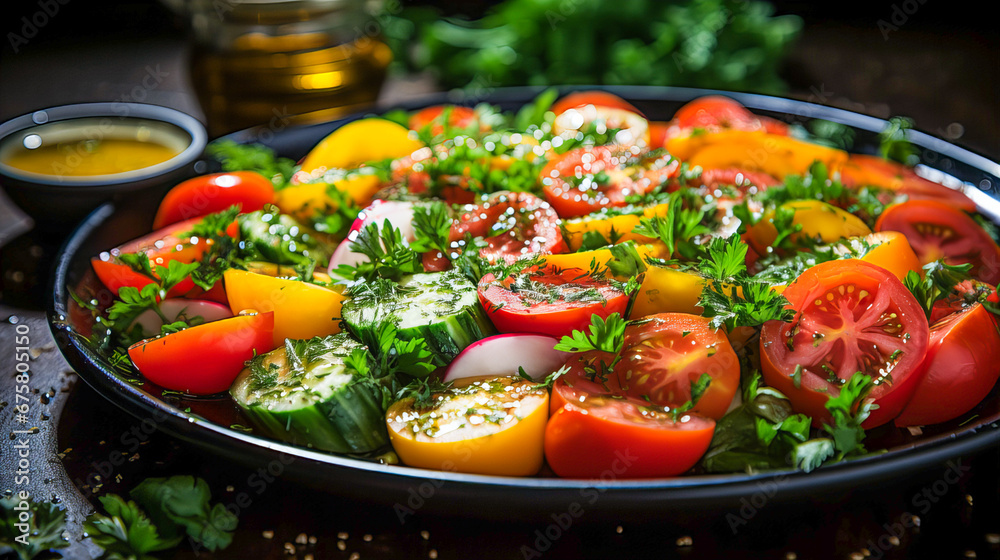 Greek salad with feta cheese, cherry tomatoes and herbs on a black background. Healthy food concept. Generative AI technology.