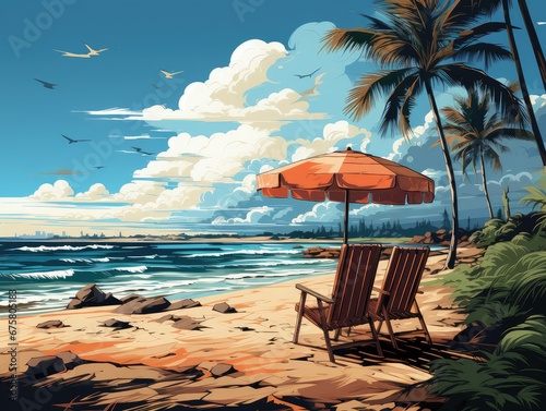 Illustration on a beautiful beach with deck chairs and palm trees