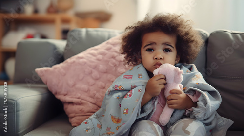 Curly-haired toddler wrapped in a blanket, being ill and sick, home health care photo