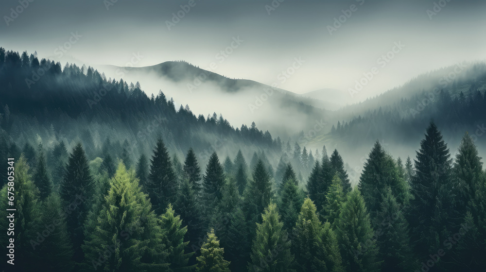 Cool toned misty valley overgrown with pine trees