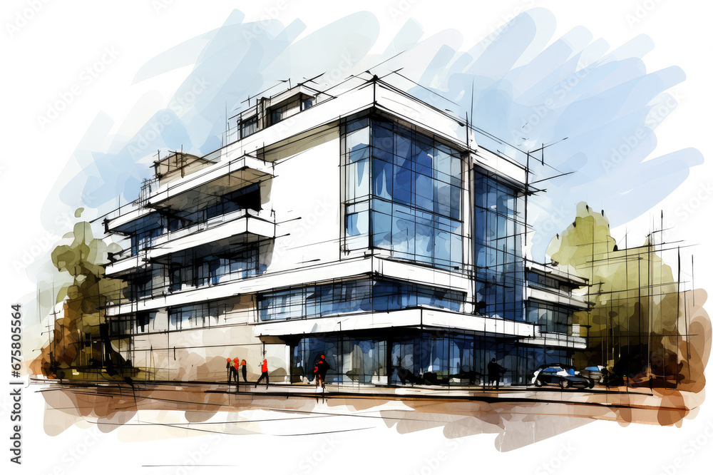 Watercolor sketch of a business building - obrazy, fototapety, plakaty 