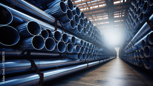 Some steel pipe raw materials are neatly stacked in the factory warehouse