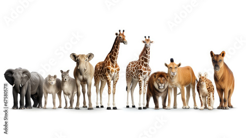 Some animals are neatly lined up in front of a white background © evening_tao
