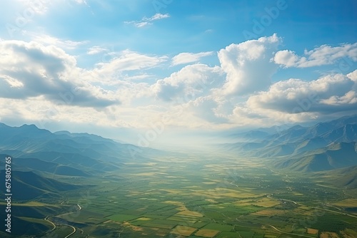 Aerial drone view. Fields with agricultural crops. Generative AI Art. Beautiful view.