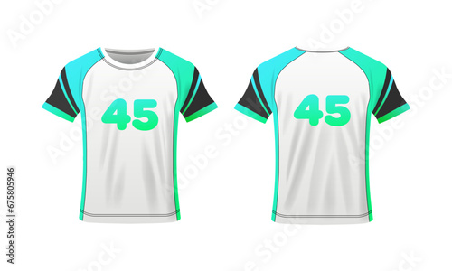 Football t-shirt layout. Flat, color, t-shirt mockup, sports t-shirt mockup with number 45. Vector icons