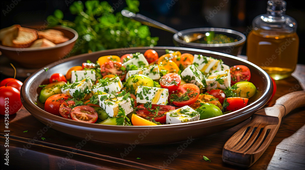 Greek salad with feta cheese, cherry tomatoes and herbs on a black background. Healthy food concept. Generative AI technology. Greek salad with feta cheese, cherry tomatoes and herbs on a black background. Healthy food concept. Generative AI technology.