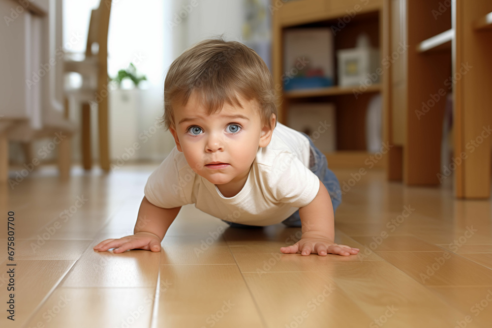 Adorable Young Kid, Around One or Two Years Old, Happily Crawling on the Wood Floor Adorable Young Kid, Around One or Two Years Old, Happily Crawling on the Wood Floor