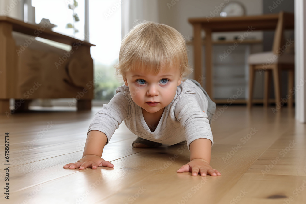 Adorable Young Kid Enjoying Playtime, Crawling on the Wooden Floor -- Timeless Portrait of Early Years Adorable Young Kid Enjoying Playtime, Crawling on the Wooden Floor -- Timeless Portrait of Early Years