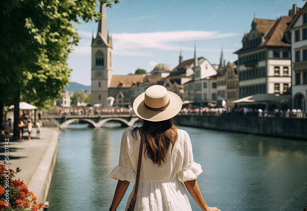 Solo Female Traveller Exploring Zurich on a Casual Holiday, Enjoying the Freedom of Roaming Alone