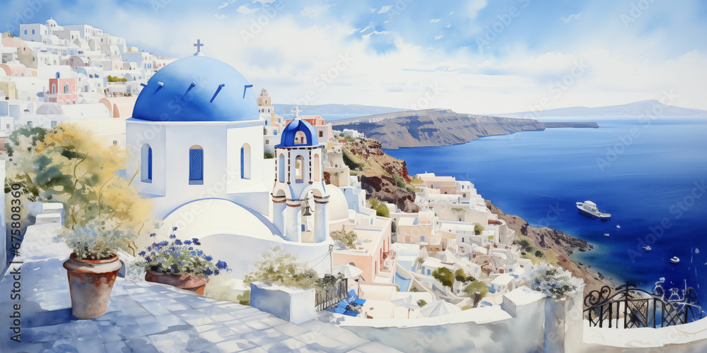 Aerial View of Santorini, Greece Watercolor Painting: Captivating Blend of Vibrant Colors and Scenic Beauty - obrazy, fototapety, plakaty 